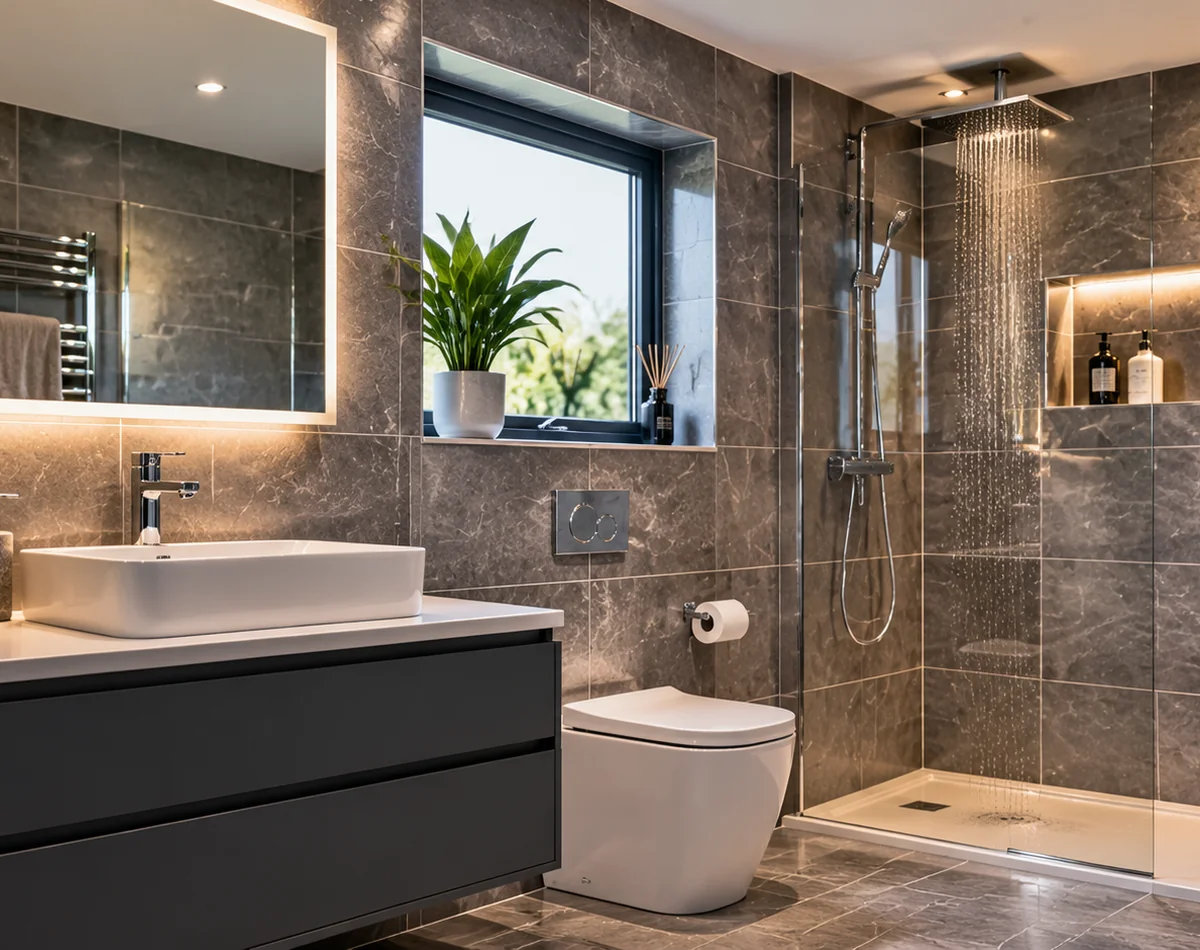 Contemporary bathroom with tiled walk-in shower and modern basin