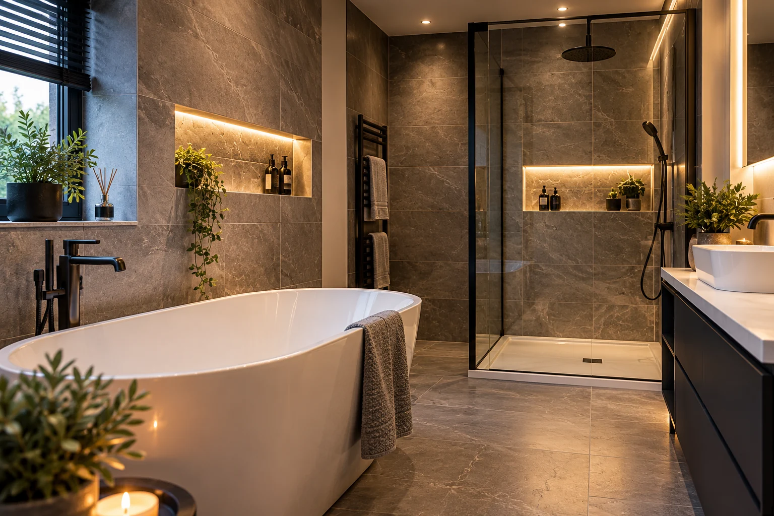 Contemporary grey stone bathroom with freestanding bath and walk-in shower