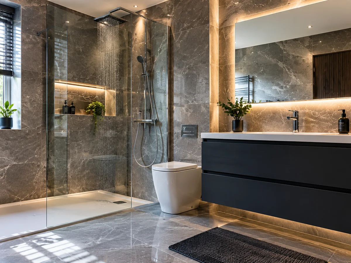 Modern shower enclosure and bathroom finishes