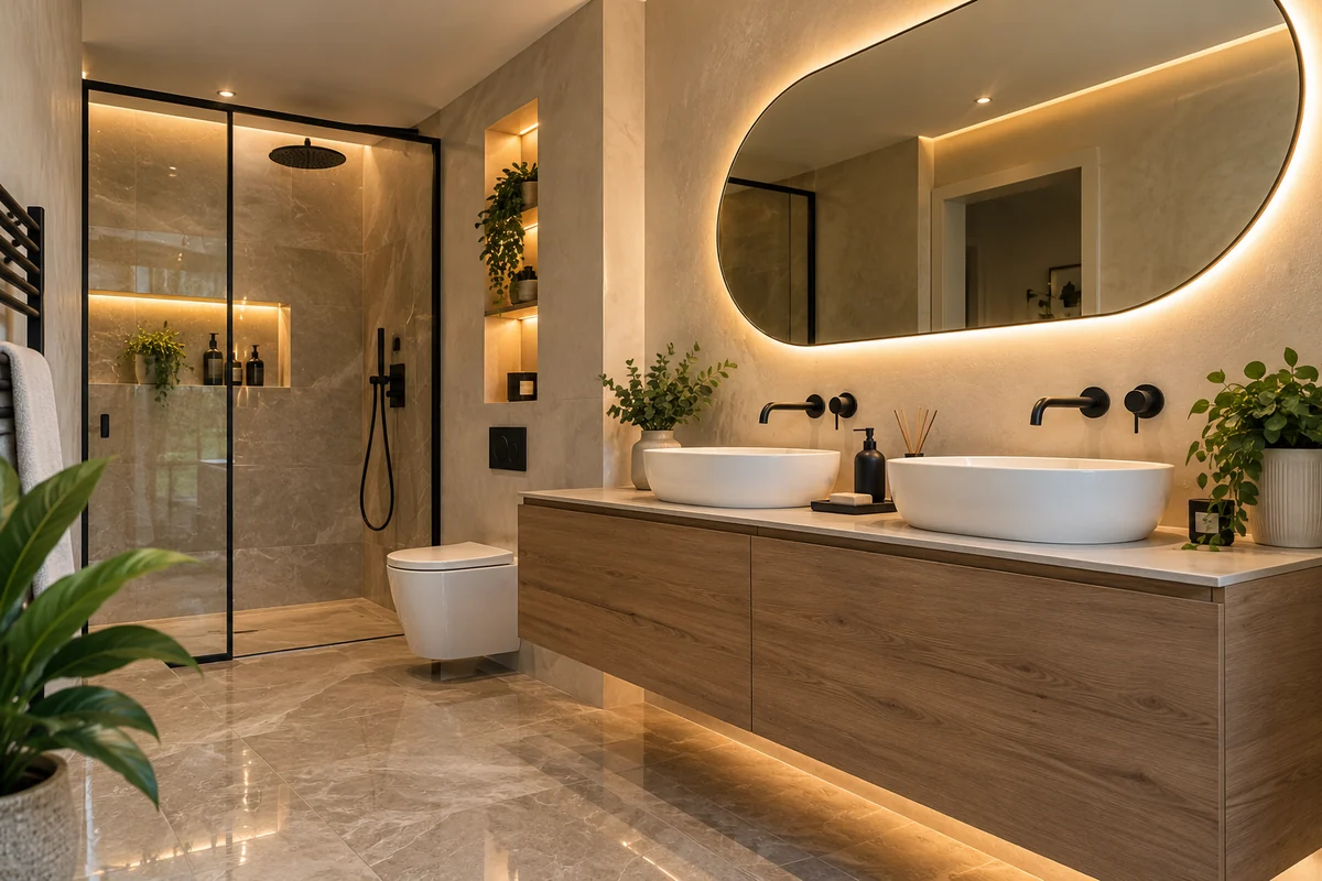 Contemporary double vanity, shower and warm bathroom lighting