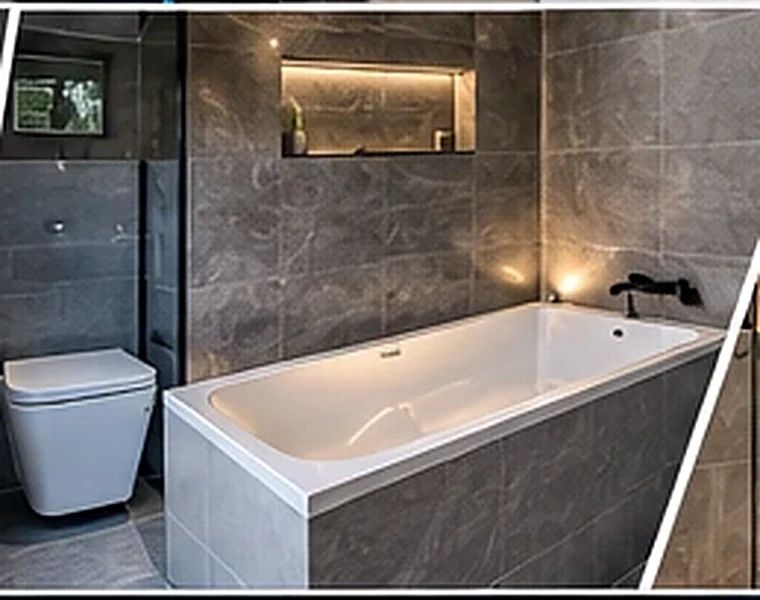 Contemporary freestanding bathtub in tiled bathroom