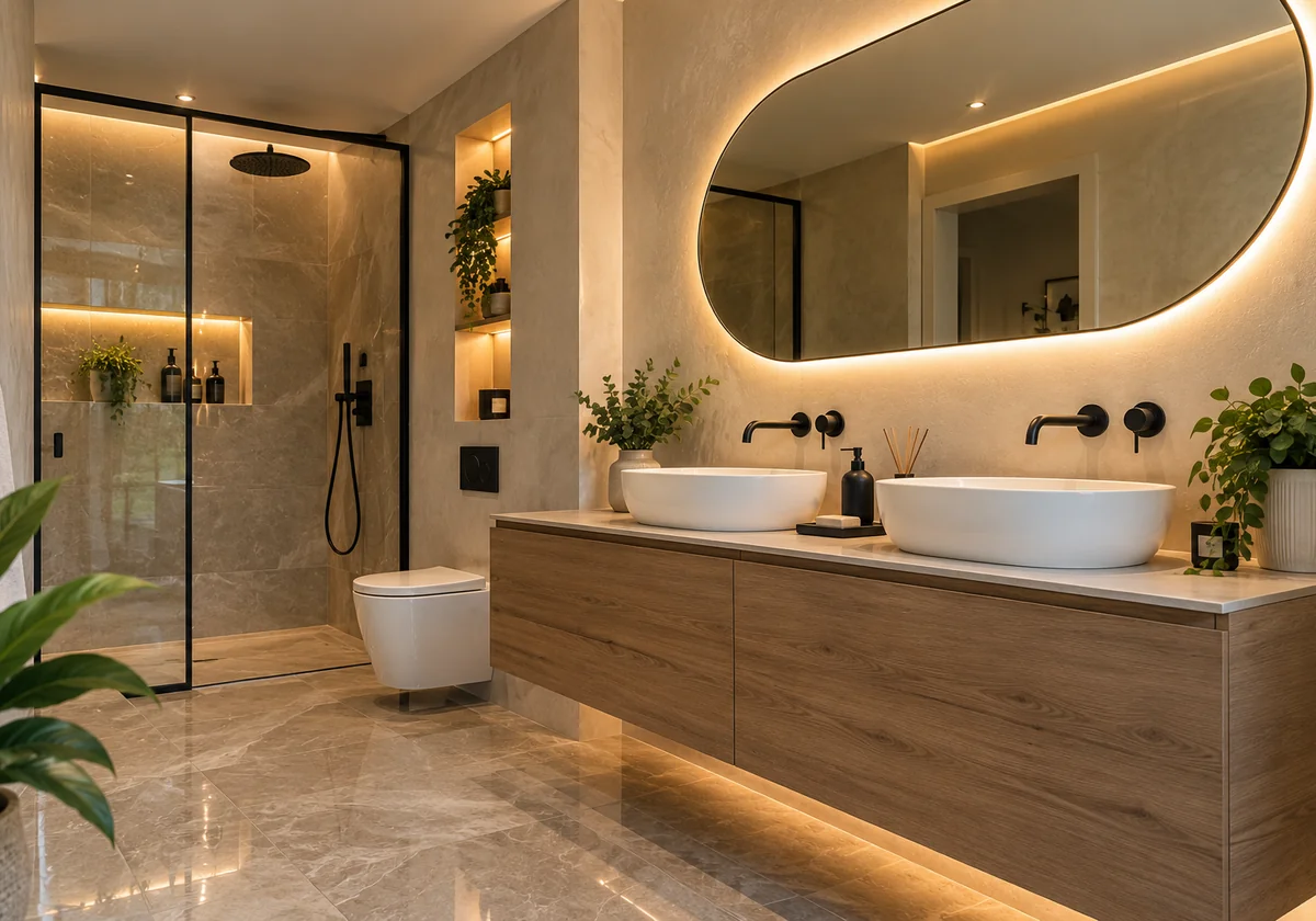 Elegant basin and fitted bathroom vanity with refined finishes